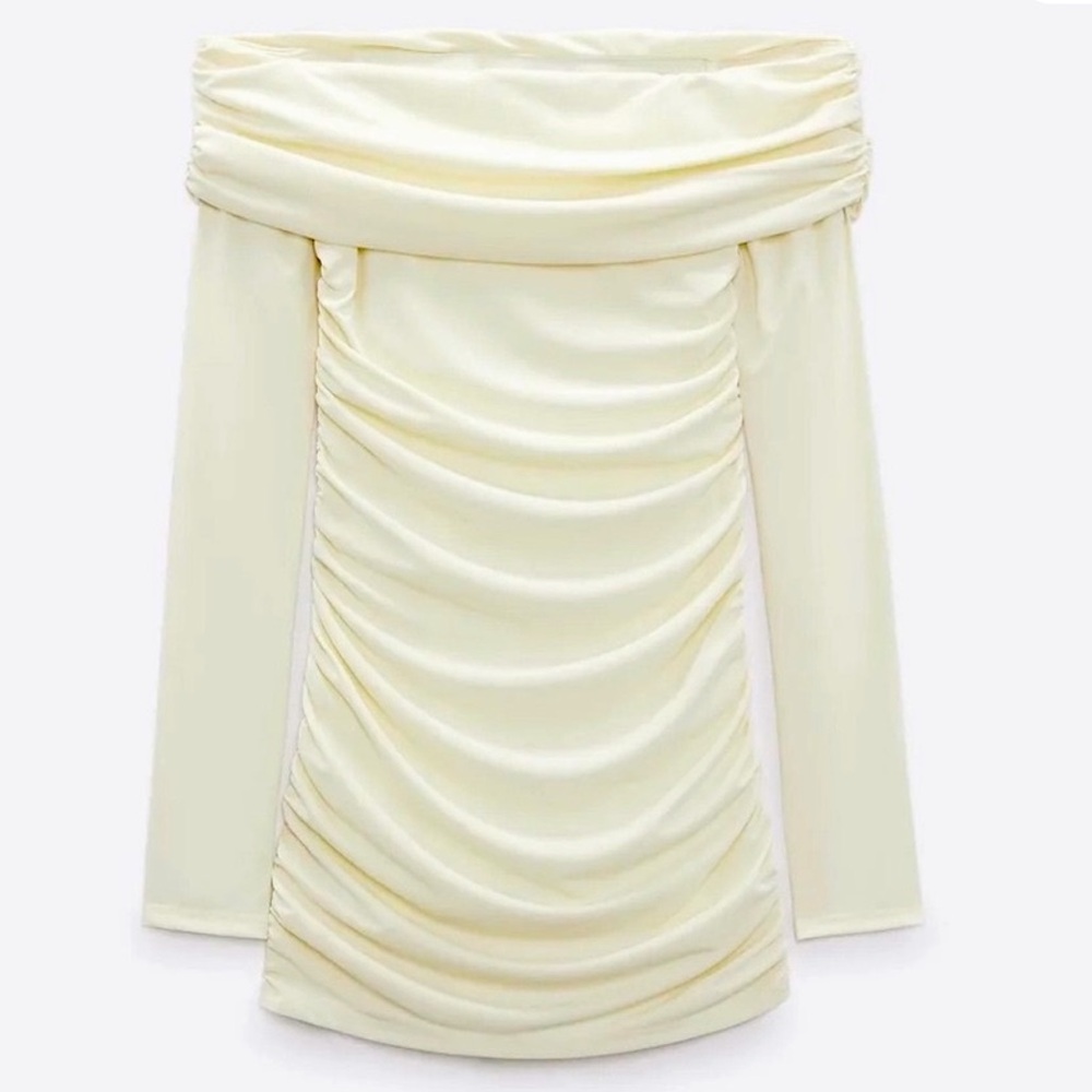 Zara Off-Shoulder Ruched Mini Dress in Ivory